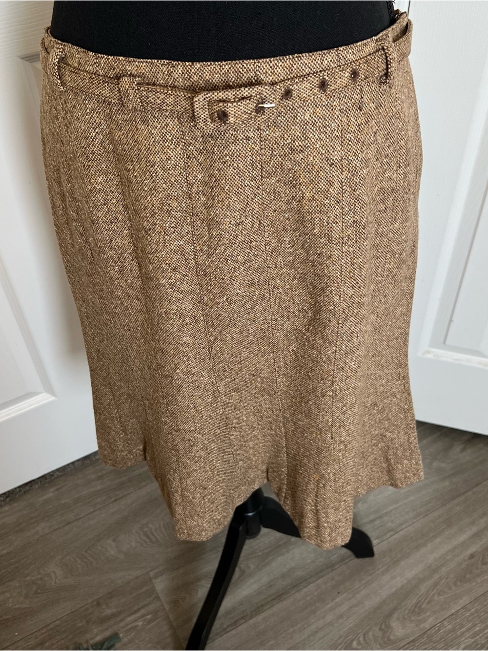 🍂 Vtg Ann Taylor Loft 2 pc Lined Brown Tweed Wool Skirt Suit w Belt Sz 8 Petite - Picture 5 of 13